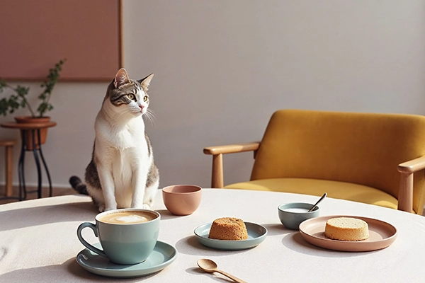 Chat sur une table avec gâteau et café chez Miaouthé, bar à chats à Bordeaux