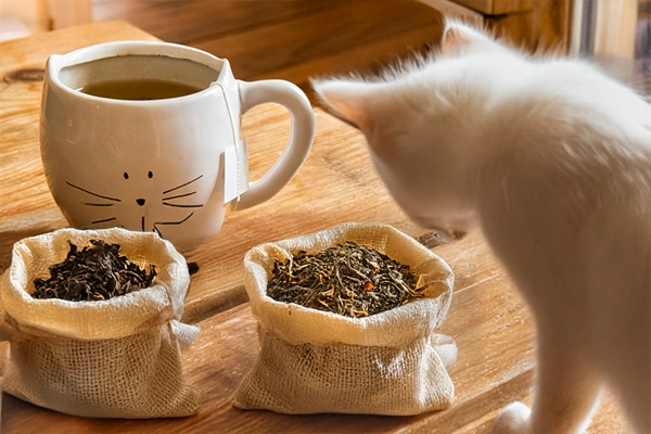 Table avec tasses de thé et chat chez Miaouthé, bar à chats à Bordeaux